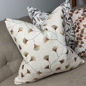 Decorative Pillow, Cushion Cover Designer Fabric - Sanderson Gingko Trail - Brick , Embroidered Design, Countryside Home Decor