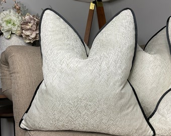 Piped Cushion Cover, Luxury Pillow, BELLA Ivory Cushion Cover, Herringbone Design in Ivory -Gold Shimmer - Black Piping - Piped Pillow Cover