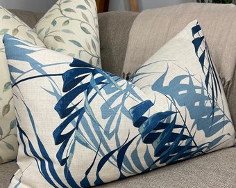 Sanderson Palm House eucalyptus, blue and cream cotton and linen mix cushion cover, throw pillow cover, home decor - 12" X 20"