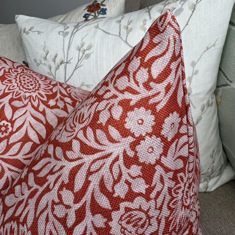 Floral Pillow Cover for Sofa or Bed, Red Orange Decorative Pillow Cover Linen Blend Designer