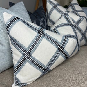 Blue White Navy Cushion Cover, Embroidered Geometric Design Pillow Cover, Sofa Throw Pillow - Double Sided - Pillow Cover 12&quot; x 20&quot;