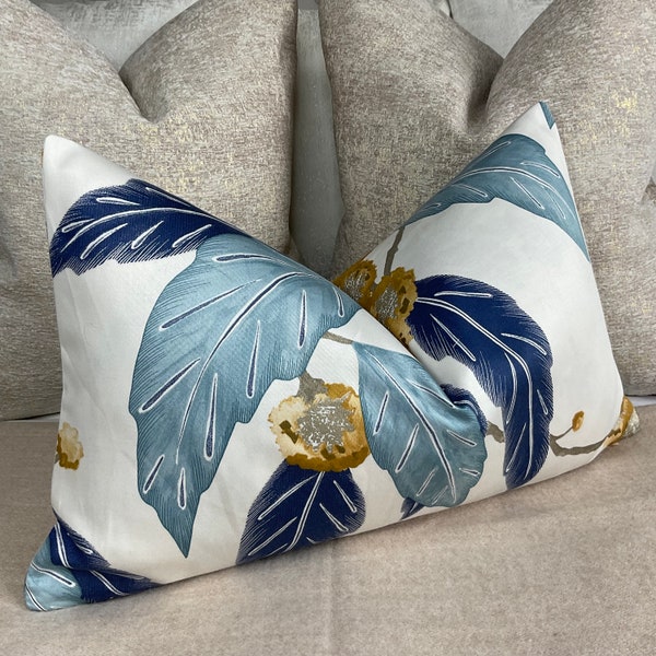 Floral Cushion Cover, 12"X20"  Pillow Cover Made In Harlequin Fabric Coppice Saffron / Cobalt / Blue 100% Cotton - Double Sided & Leaf Trail