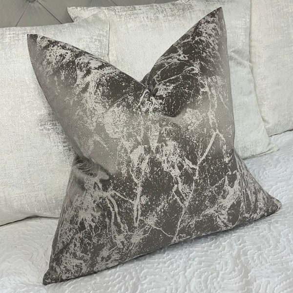 Megan  Luxury Textured Marble Effect Grey Silver Cushion Pillow Cover Silver For Sofa Bed or Throw. Designer Fabric High Quality Handmade