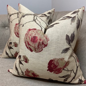 Linen Rose Cushion Cover, Pillowcase, Woven Pillow Cover, Floral Pillow, Countryside Home - John Lewis & Partners Fabric / Bronze Beige Red