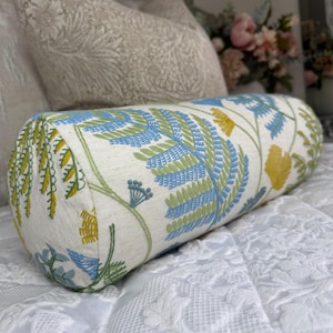 Embroidered Leaf Fern Design Cushion, Decorative Bolster Cushion 16&quot; x 6&quot;, Blue Green / Laurel John Lewis Fabic -Tranquil Blue