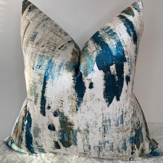 Teal Abstract Cushion Cover – Velvet-Touch Polyester – Wish Lagoon Designer Fabric – Handmade Pillow Cover in All Sizes – Sofa or Bed Accent