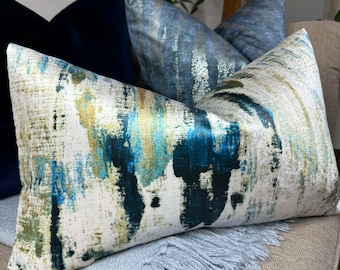 Abstract Pillow cover, decorative cushion cover, velvet - polyester fabric, Lagoon Teal - White - Ochre, Rectangle Pillow Case, Double Sided