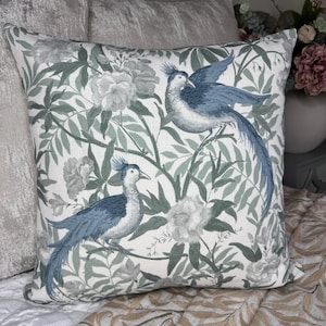Handmade Laura Ashley Osterley Birds Cushion Cover – Seaspray Blue Green Ivory – Countryside Cotton Pillow Cover, Countryside Home