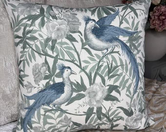 Handmade Laura Ashley Osterley Birds Cushion Cover – Seaspray Blue Green Ivory – Countryside Cotton Pillow Cover, Countryside Home