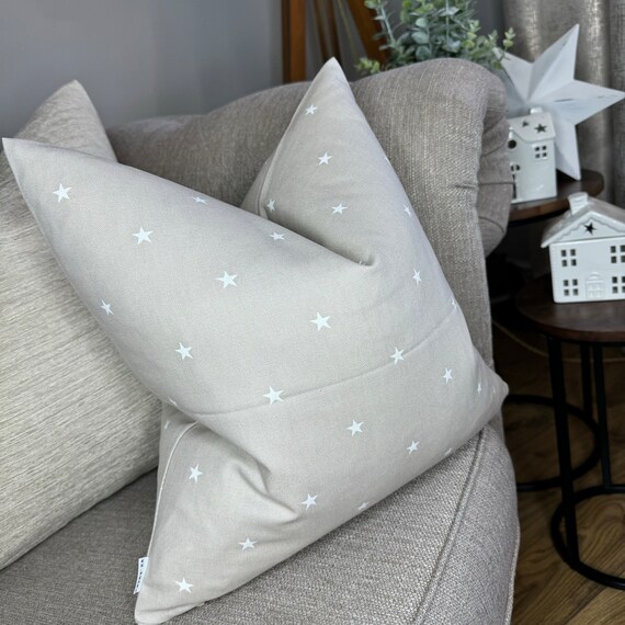 Beige Cushion Cover, White Stars Print Pillow Cover, Countryside