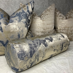 Navy Gold Cushion Bolster 16&quot; x 6&quot; , Luxury Throw Pillow for Sofa / Tessere Midnight Designer Fabric
