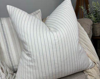 Cotton cushion cover for sofa or bed, white /storm striped pillow cover 22", neutral palette home decor, John Lewis  fabric.
