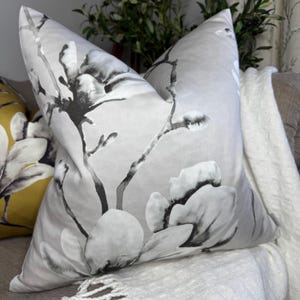 Magnolia Floral Cushion Cover, Grey - Ochre Pillow Cover For Sofa - Chair / Harlequin Lotus Fabric