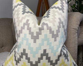 Decorative Cushion Cover - Throw Pillow Cover for sofa or bed, Clarke and Clarke - Klaudia Chartreuse/Charcoal Fabric, Geometric Design