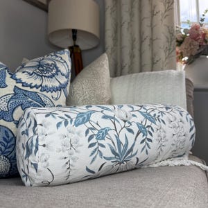 Laura Ashley Parterre Floral Cushion 16&quot; x 6&quot;, Blue White Beige Floral Pillow, Sofa Bed Cushion, Bolster Pillow, Cylinder Pillow, Handmade