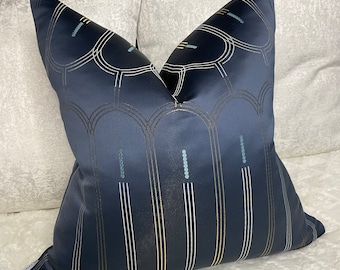 Rialto Fabric - John Lewis , Art - Deco Geometric Navy Gold , Metallic Cushion Cover, Pillow Sham, Pillow Cover - Made in UK