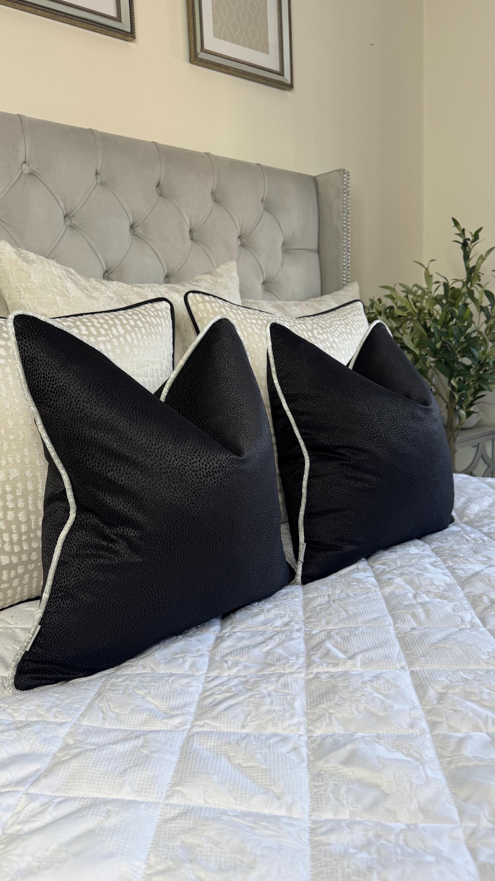 Elegant Black Cushion Cover with Silver Piping - Luxury Blean Ebony Bedding Accent Pillow Cover