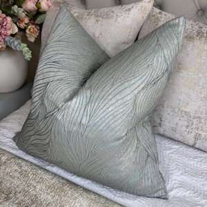 Leaf Design Duck Egg Cushion Cover, throw pillow cover, designer scatter cushion cover, duck egg metallic shimmer pillow cover size 20&quot;
