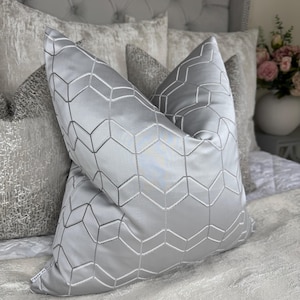 Statement silver cushion pillow cover geometric design woven in metallic silk made from designer John Lewis Fabric, New Home gift