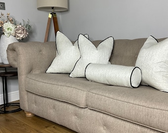 Bella Luxury Textured Cushion Bolster 16" X 6"  Duck Feather Cushion Ivory / Gold Shimmer Herringbone, Black Piping, Designer Fabric