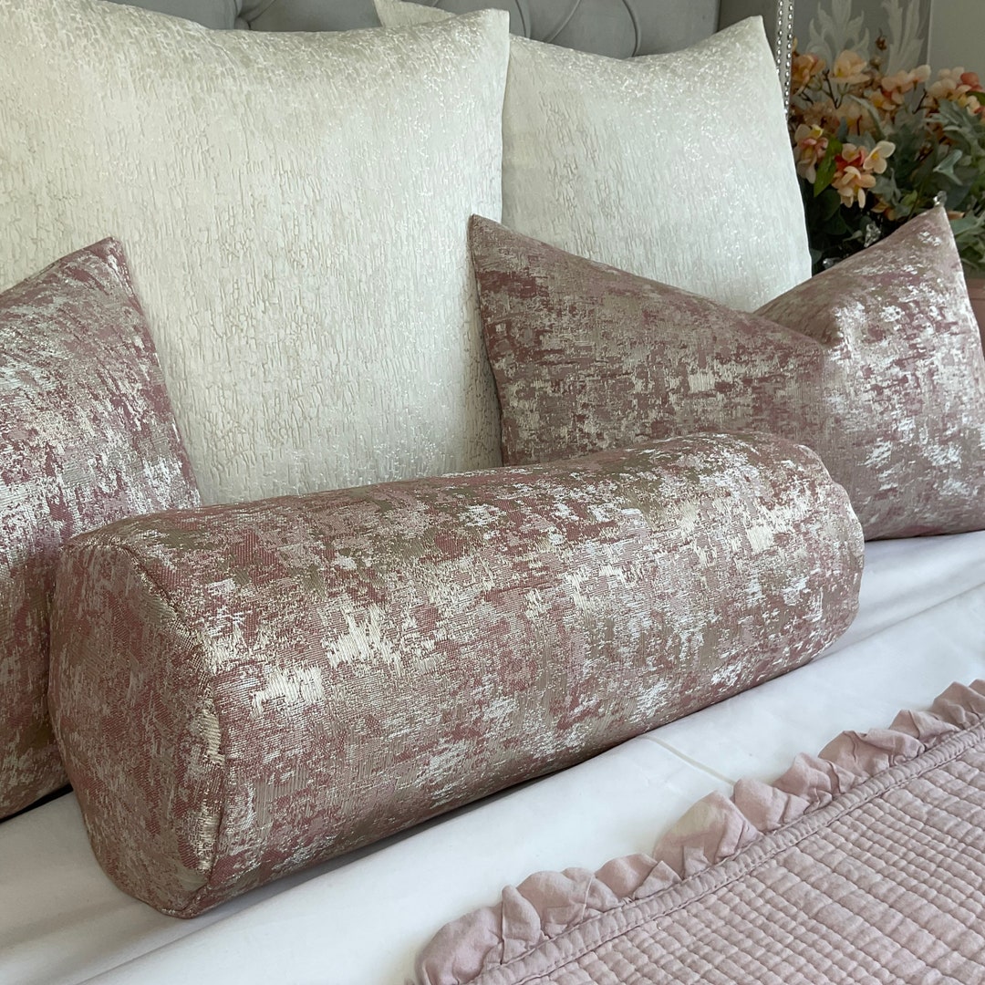 Luxury Blush Pink Silver Cushion Bolster 16 X 6, Feather Cushion