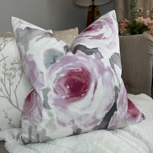 Decorative Pink Floral Cushion Cover, pink - grey FLORAL pillow cover, watercolour floral throw pillow cover, Designer Fabric - Velour