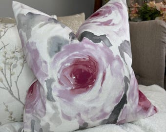 Funda de cojín decorativa floral rosa, funda de almohada floral rosa y gris, funda de cojín decorativa floral acuarela, tela de diseño - terciopelo