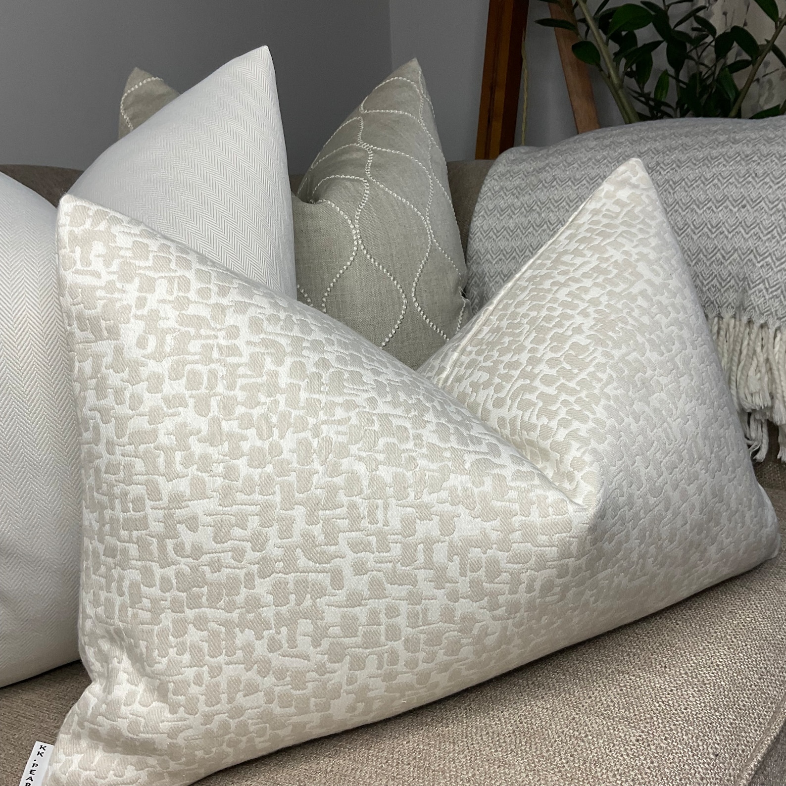 Abstract Cushion Cover, Pillow Cover Size: 12" x 20" John Lewis & Partners YIN Fabric, Putty Natural Taupe Made In UK, Double Sided