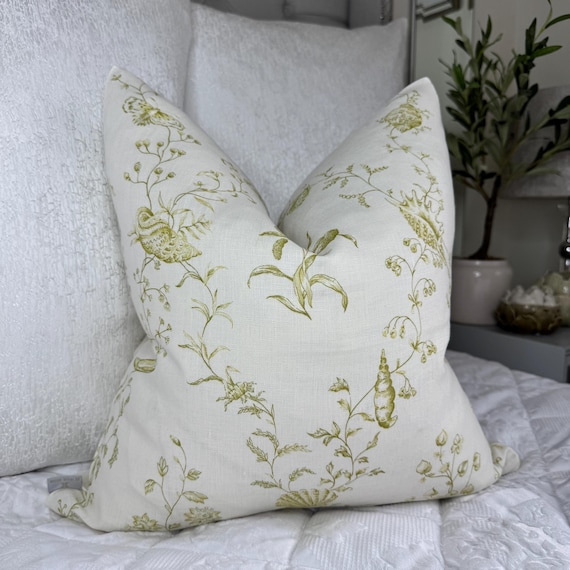 LINEN Floral Design Cushion Cover, 100% Linen Olive Green Pillow