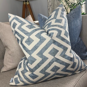 Graphic Cushion Cover, Geometric Pillow Sham John Lewis Meeko Furnishing Fabric, Indian Blue Handmade in UK