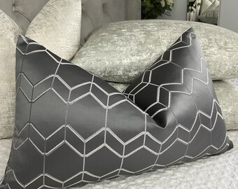 Geometric steel grey cushion cover, modern lumbar pillow cover for sofa or  bed, double sided geometric design FILMORE - Main Image