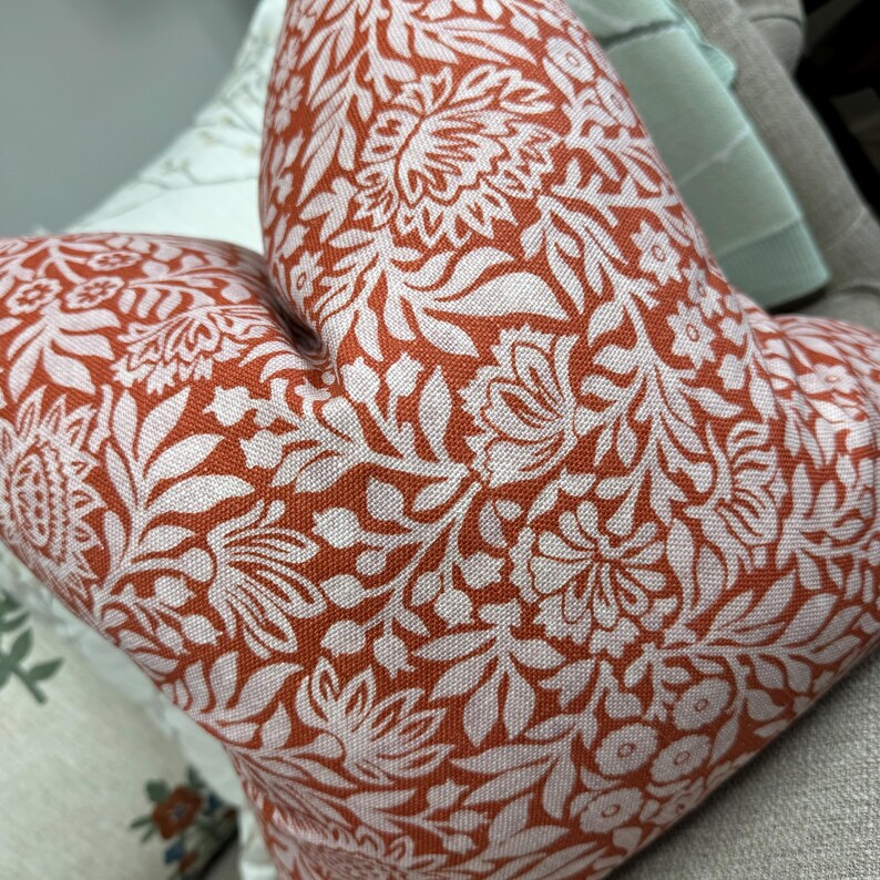 Floral Pillow Cover for Sofa or Bed, Red Orange Decorative Pillow Cover Linen Blend Designer