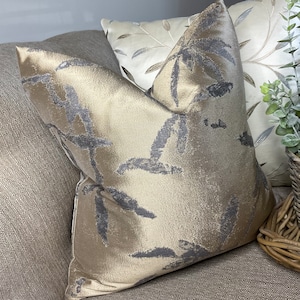 Elegant Sateen Shimmer Cushion Cover GOLD - GREY - Decorative Leaves Design - Double Sided - Scatter Pillow Cover - Worldwide Shipping