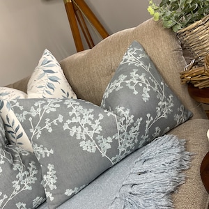 BLUE Floral Embroidered Cushion Cover - Pillow Case, Decorative Pillow - Double Sided John Lewis & Partners Fabric, Farmhouse Home 12&quot; x 20&quot;