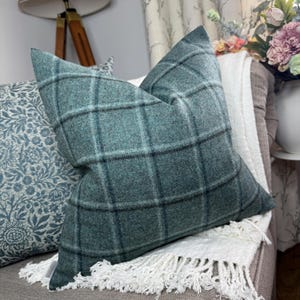 Harris Tweed Cushion Cover - Teal Tartan Handmade Tartan Pillow Cover wool blend , Double Sided - Countryside Home Decor
