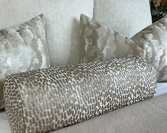 Luxury Gold Champagne Cushion Bolster 16” x 6” Designer Fabric Prestigious Textiles Antelope Champagne High Quality Handmade in UK