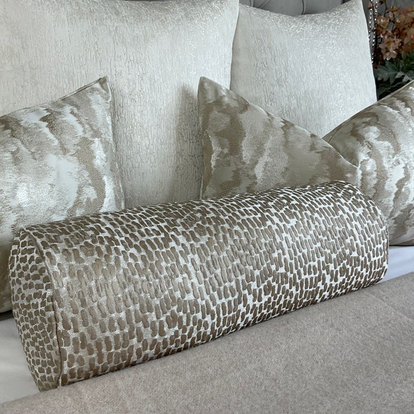 Luxury Gold Champagne Cushion Bolster 16” x 6” Designer Fabric Prestigious Textiles Antelope Champagne High Quality Handmade in UK