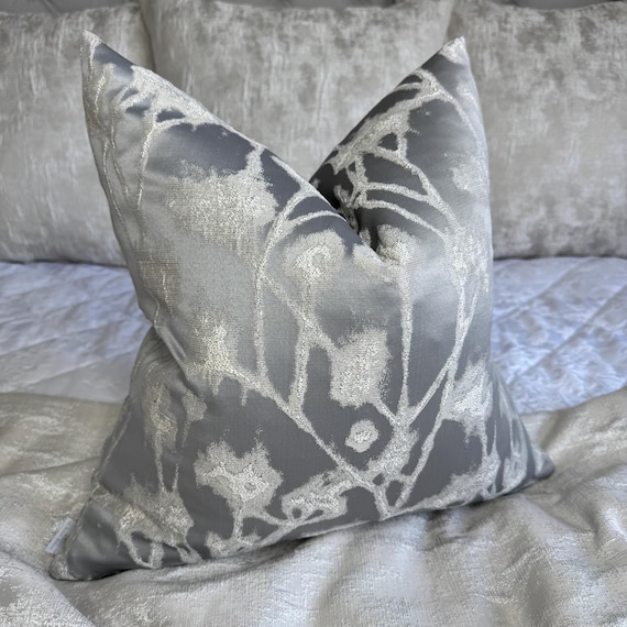 Luxurious cushion cover, grey silver gold floral design pillow cover,  cushion cover for sofa bed, Designer Ashley Wilde Fabric, Altamira
