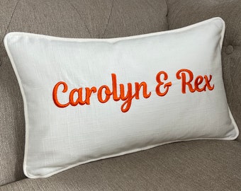 Personalised Name Cushion Cover Embroidered Decorative Pillow Piped Bolster 12" x 20" Ivory Cotton / John Lewis Furnishing Fabric GIFT!