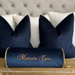 Personalised initial name cushion, navy - gold accent pillow for sofa or bed, perfect gift idea,   personalised birthday cushion 16&quot;x6&quot;