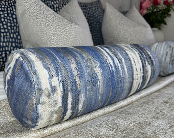 Blue Cushion, Decorative Cushion Bolster 16” x 6”, Feather Cushion Included, Sofa Cushion, Bed Cushion, Accent Pillow, LATOUR Lagoon Fabric
