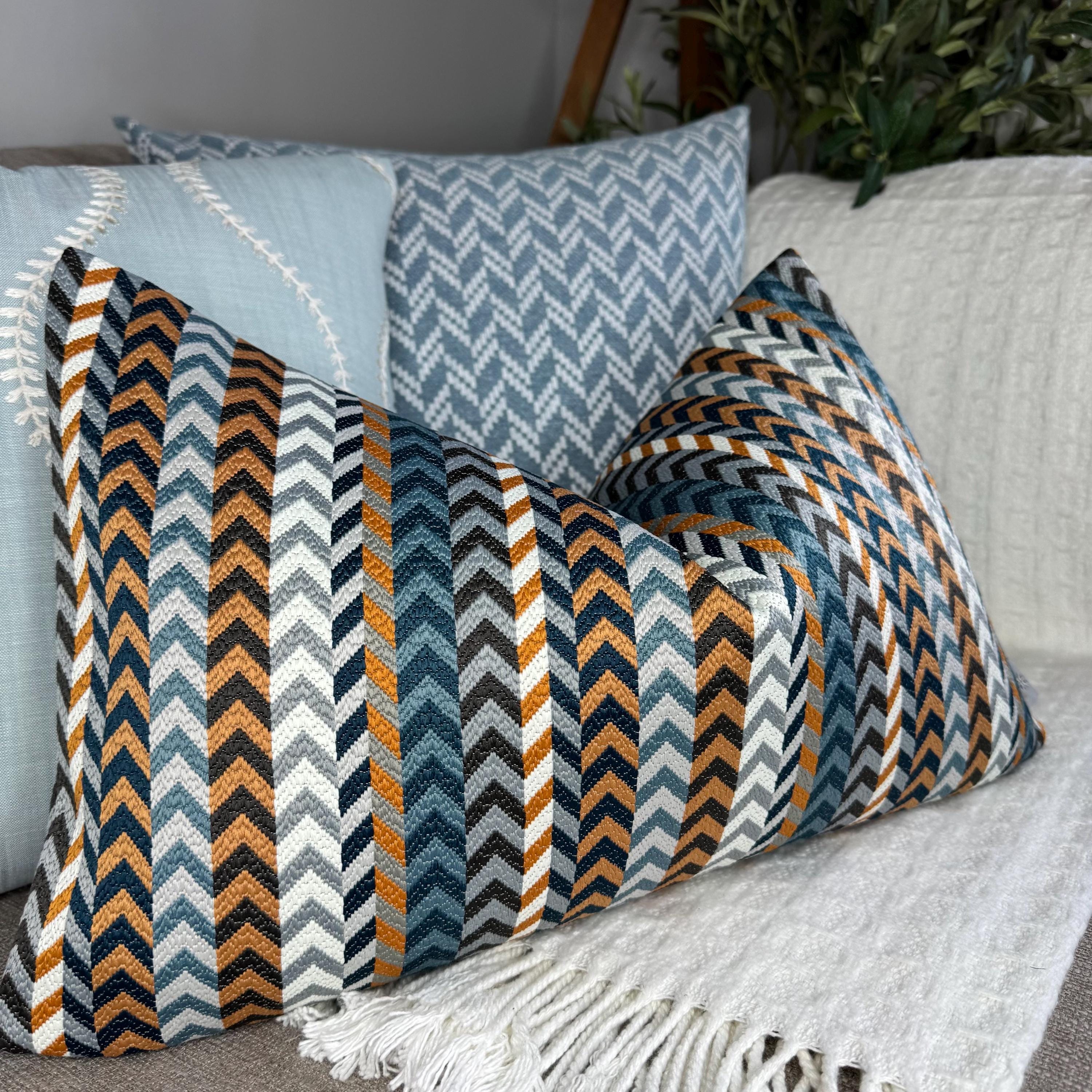Orange Blue Navy Pillow Cover, Zig Zag Cushion Cover, Decorative