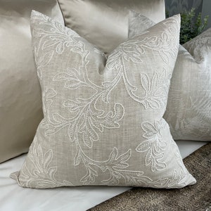 NATURAL  Greige Embroidered Cushion Cover, Embroidered Pillow , Throw Cover - Leaf Design / John Lewis Fabric - Countryside Home