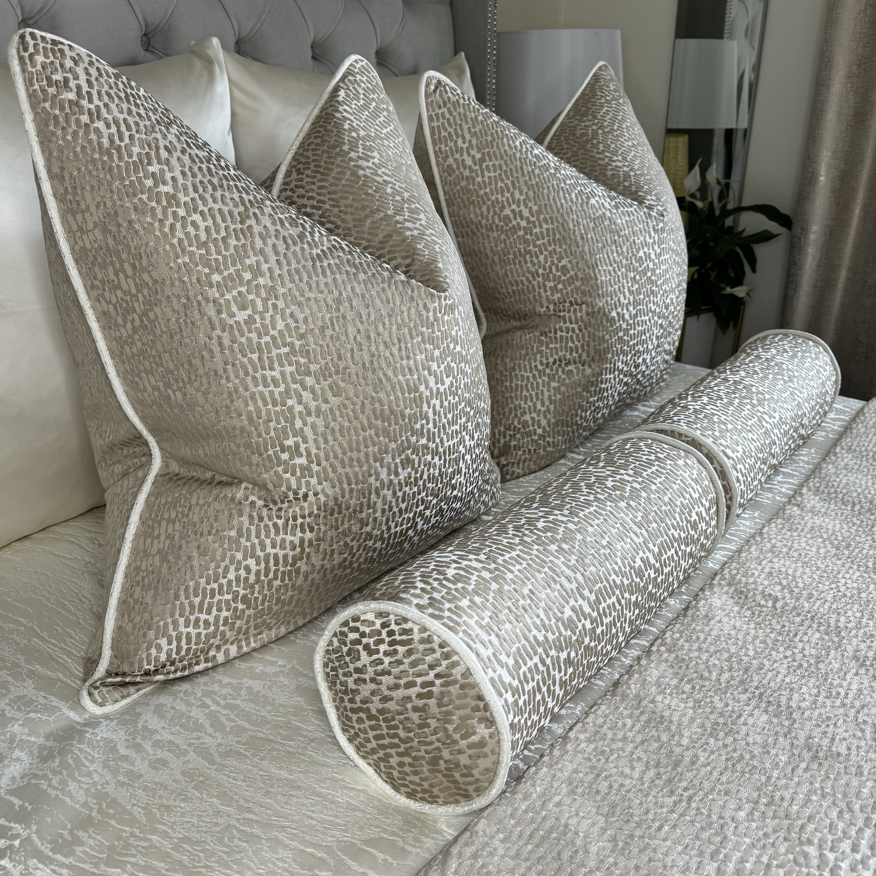 Elegant Gold - Champagne Antelope Print Cushion Cover with Ivory Piping | Designer Euro Sham for Sofa & Bed - Luxury piped pillow cover
