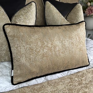 Brass Gold Pillow Cover, Gold cushion cover, Luxury Black Velvet Piping, Decorative Pillow Rectangle Bolster 12&quot; X 20&quot; Designer Fabric DIANA