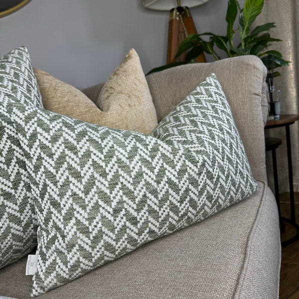 Contemporary Cushion Cover, Scatter Throw Pillow - 12" x 20" , John Lewis Split Chevron Furnishing Fabric, Sage Green - Sofa Pillow