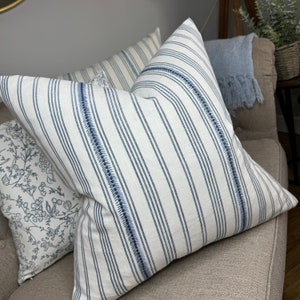 May include: Two throw pillows with a white background and blue stripes. One pillow has a blue embroidered design on the stripes. The other pillow has a floral pattern in shades of blue and gray.