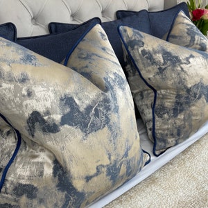 Luxury Pillow, Luxury Cushion Cover , Throw Pillow Navy Blue Metallic Gold Clarke &Clarke Tessere Midnight Fabric, Luxury Navy Satin Piping