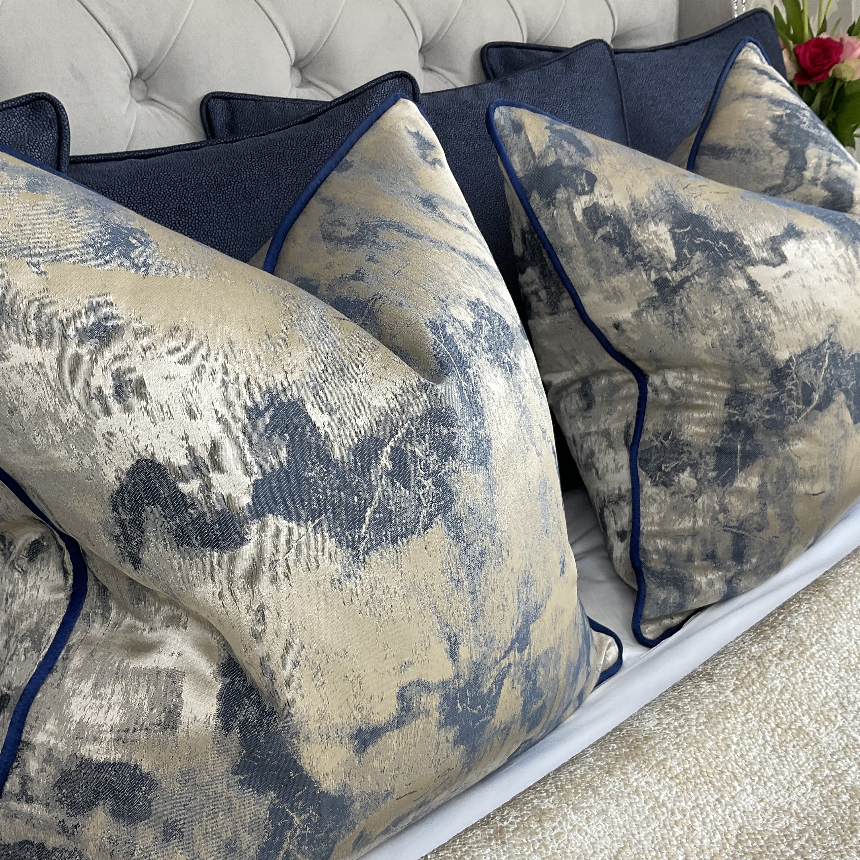 Luxury Pillow, Luxury Cushion Cover , Throw Pillow Navy Blue Metallic Gold Clarke &Clarke Tessere Midnight Fabric, Luxury Navy Satin Piping