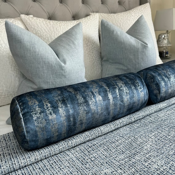 Blue Silver modern decorative pillow for sofa or bed scatter cushion bolster 16 x6 blue bedding modern blue velour cushion VELA